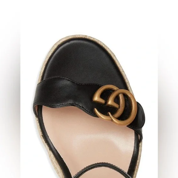 Gucci Galassia Aitana Lifford Black Leather Wedge Double G Logo Sandals EU 35 - Picture 9 of 14